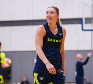 Dallas Wings guard Paige Bueckers handles the ball during a 2026 training camp practice session in Arlington.
