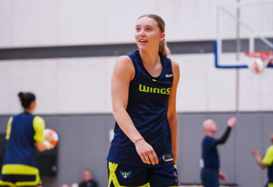 Dallas Wings guard Paige Bueckers handles the ball during a 2026 training camp practice session in Arlington.