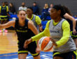 Dallas Wings guard Paige Bueckers guards forward Amy Okonkwo during a 5-on-5 training camp practice session in Arlington.