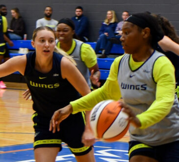 Dallas Wings guard Paige Bueckers guards forward Amy Okonkwo during a 5-on-5 training camp practice session in Arlington.