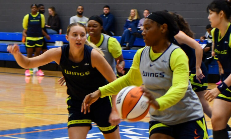 Dallas Wings guard Paige Bueckers guards forward Amy Okonkwo during a 5-on-5 training camp practice session in Arlington.