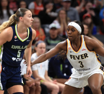 Dallas Wings guard Paige Bueckers handles the ball against Indiana Fever guard Raven Johnson.