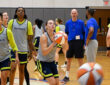 Dallas Wings guard Paige Bueckers taking a jump shot during a team shooting drill at a 2026 training camp practice in Arlington.