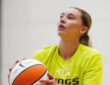 Dallas Wings guard Paige Bueckers shoots a free throw during the final portion of Day 1 of training camp at College Park Center.