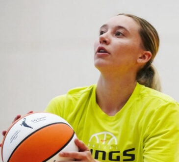 Dallas Wings guard Paige Bueckers shoots a free throw during the final portion of Day 1 of training camp at College Park Center.