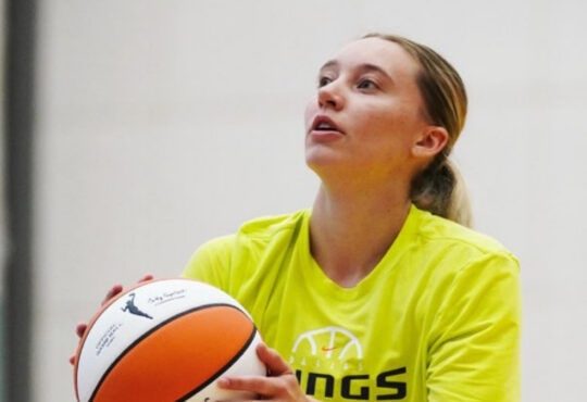 Dallas Wings guard Paige Bueckers shoots a free throw during the final portion of Day 1 of training camp at College Park Center.