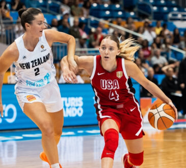 USA guard Paige Bueckers drives against New Zealand during the Women's World Cup 2026 Qualifier in Puerto Rico.