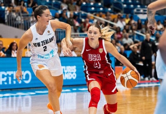 USA guard Paige Bueckers drives against New Zealand during the Women's World Cup 2026 Qualifier in Puerto Rico.
