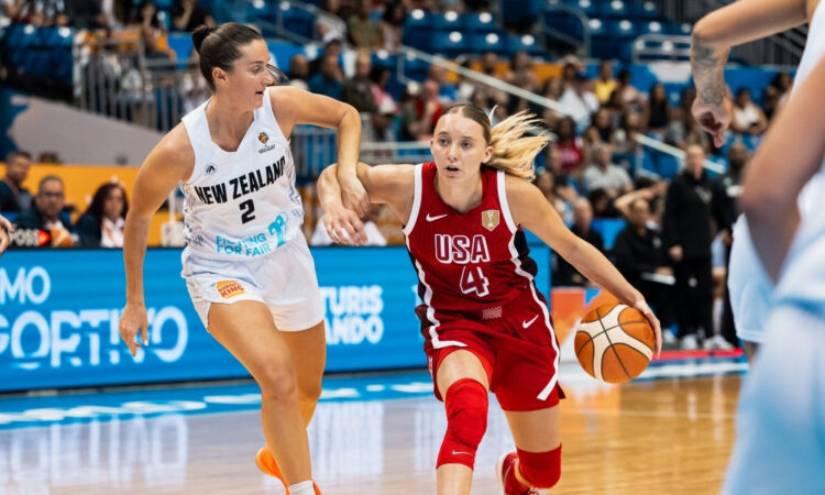 USA guard Paige Bueckers drives against New Zealand during the Women's World Cup 2026 Qualifier in Puerto Rico.