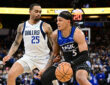 Paolo Banchero of the Orlando Magic dribbles toward the basket while being defended by P.J. Washington of the Dallas Mavericks on March 5, 2026.