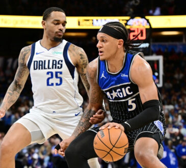 Paolo Banchero of the Orlando Magic dribbles toward the basket while being defended by P.J. Washington of the Dallas Mavericks on March 5, 2026.