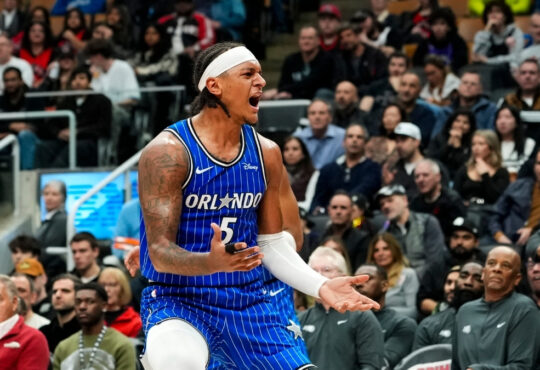 Paolo Banchero of the Orlando Magic reacts to a call during a game against the Toronto Raptors on March 29, 2026.