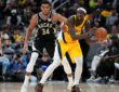 Pascal Siakam #43 of the Indiana Pacers is guarded by Giannis Antetokounmpo #34 of the Milwaukee Bucks at Gainbridge Fieldhouse on November 03, 2025.