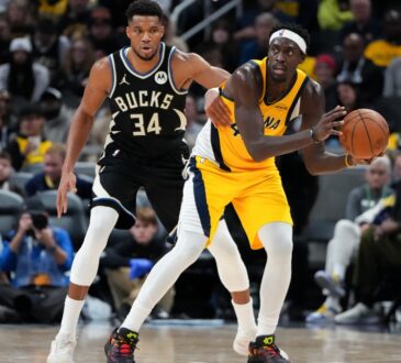 Pascal Siakam #43 of the Indiana Pacers is guarded by Giannis Antetokounmpo #34 of the Milwaukee Bucks at Gainbridge Fieldhouse on November 03, 2025.