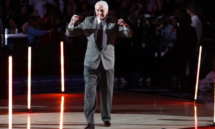 Miami Heat President Pat Riley gestures on the court during the 2006 NBA Finals 20th anniversary celebration at Kaseya Center on February 03, 2026.