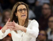 Indiana Fever head coach Stephanie White calls a timeout during the 2025 WNBA Playoffs against the Las Vegas Aces.