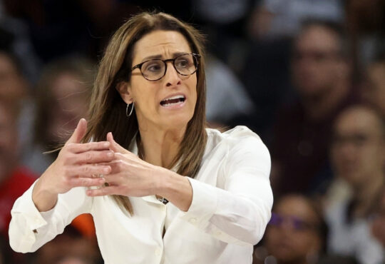 Indiana Fever head coach Stephanie White calls a timeout during the 2025 WNBA Playoffs against the Las Vegas Aces.