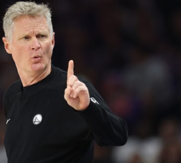 Golden State Warriors head coach Steve Kerr reacts during the Western Conference Play-In Tournament game against the Phoenix Suns at Mortgage Matchup Center on April 17, 2026.