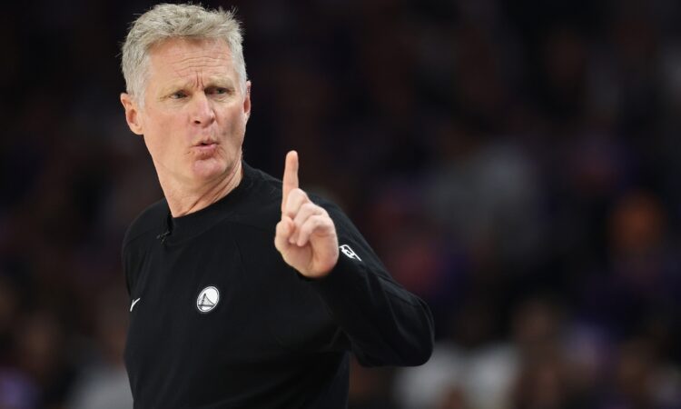 Golden State Warriors head coach Steve Kerr reacts during the Western Conference Play-In Tournament game against the Phoenix Suns at Mortgage Matchup Center on April 17, 2026.