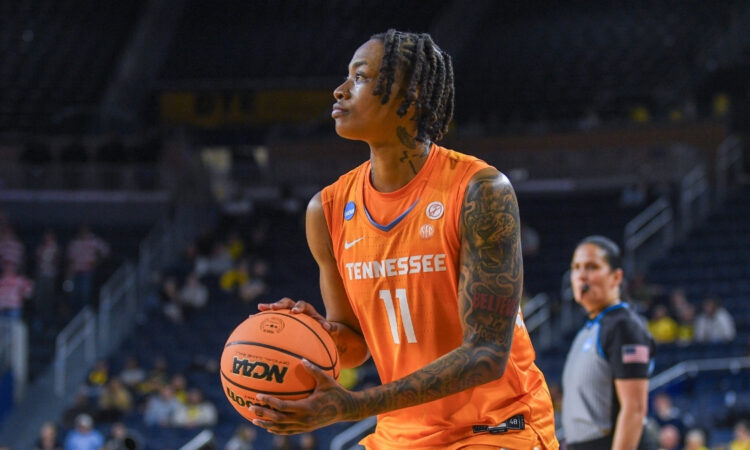 Zee Spearman #11 of the Tennessee Volunteers attempts a shot against the NC State Wolfpack during the first round of the 2026 NCAA Women's Basketball Tournament.