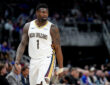 Zion Williamson #1 of the New Orleans Pelicans looking on during a game against the Detroit Pistons at Little Caesars Arena on March 26, 2026.