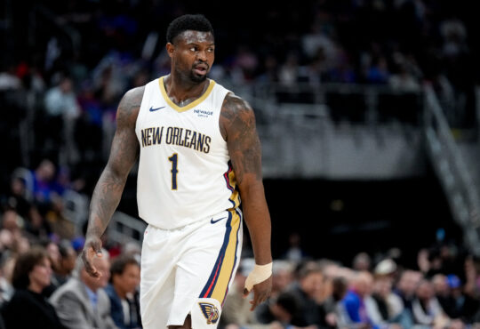 Zion Williamson #1 of the New Orleans Pelicans looking on during a game against the Detroit Pistons at Little Caesars Arena on March 26, 2026.