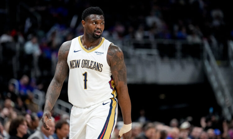 Zion Williamson #1 of the New Orleans Pelicans looking on during a game against the Detroit Pistons at Little Caesars Arena on March 26, 2026.