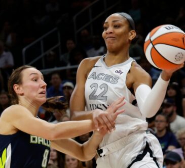 Alanna Smith of the Dallas Wings defending A'ja Wilson of the Las Vegas Aces during a preseason game.