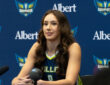 Alanna Smith of the Dallas Wings responds to questions from reporters during the 2026 WNBA Media Day at College Park Center.