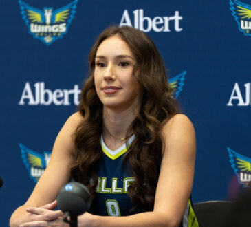 Alanna Smith of the Dallas Wings responds to questions from reporters during the 2026 WNBA Media Day at College Park Center.