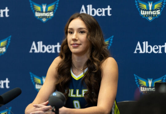 Alanna Smith of the Dallas Wings responds to questions from reporters during the 2026 WNBA Media Day at College Park Center.