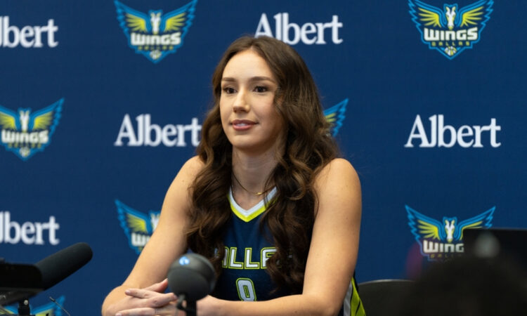 Alanna Smith of the Dallas Wings responds to questions from reporters during the 2026 WNBA Media Day at College Park Center.