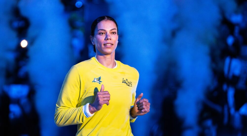 Veteran forward Alysha Clark of the Dallas Wings running through pre-game warmups before facing the Atlanta Dream.