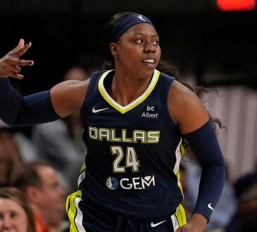 Arike Ogunbowale celebrates after making a three-pointer for the Dallas Wings.