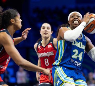 Arike Ogunbowale driving hard past a perimeter defender with her right hand during a regular-season WNBA game.