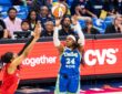 Arike Ogunbowale of the Dallas Wings rising for a contested jump shot over Allisha Gray of the Atlanta Dream.