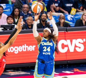 Arike Ogunbowale of the Dallas Wings rises for a contested jump shot against the Atlanta Dream during the 2026 home opener.