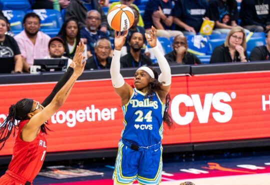 Arike Ogunbowale of the Dallas Wings rises for a contested jump shot against the Atlanta Dream during the 2026 home opener.