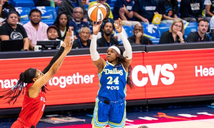 Arike Ogunbowale of the Dallas Wings rises for a contested jump shot against the Atlanta Dream during the 2026 home opener.