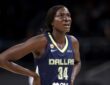 Forward Awak Kuier tracking the play while defending in the half-court against the Chicago Sky.