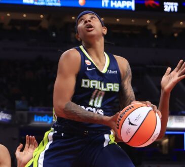Aziaha James (10) of the Dallas Wings goes up for a shot against the Indiana Fever.