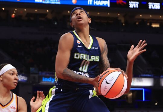 Aziaha James (10) of the Dallas Wings goes up for a shot against the Indiana Fever.