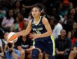 Azzi Fudd (35) of the Dallas Wings pushes the ball downcourt against the Las Vegas Aces in Austin.