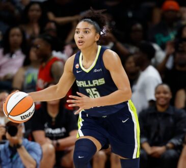 Azzi Fudd (35) of the Dallas Wings pushes the ball downcourt against the Las Vegas Aces in Austin.