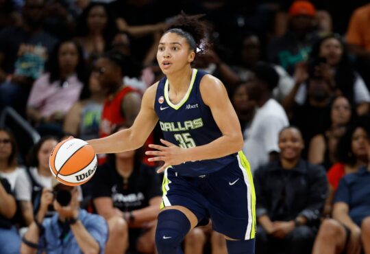 Azzi Fudd (35) of the Dallas Wings pushes the ball downcourt against the Las Vegas Aces in Austin.