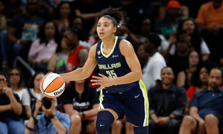 Azzi Fudd (35) of the Dallas Wings pushes the ball downcourt against the Las Vegas Aces in Austin.
