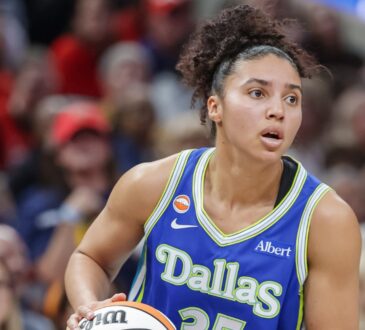 Azzi Fudd (35) of the Dallas Wings looks to make a play during her WNBA regular-season debut against the Indiana Fever.