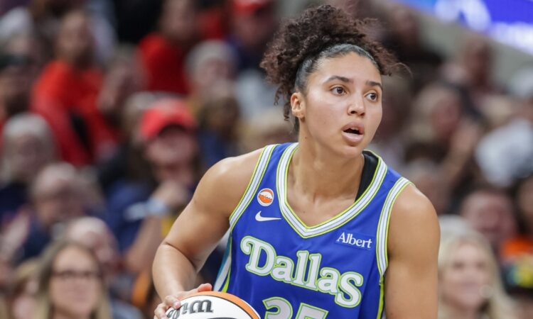 Azzi Fudd (35) of the Dallas Wings looks to make a play during her WNBA regular-season debut against the Indiana Fever.