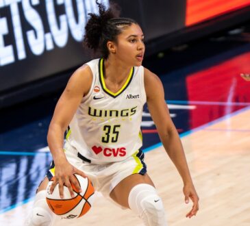 Azzi Fudd of the Dallas Wings attacking down the lane on a dribble drive against Natasha Howard of the Minnesota Lynx.