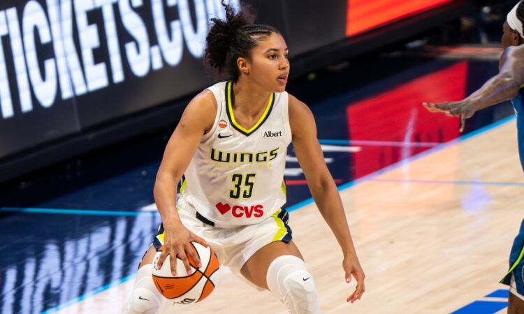 Azzi Fudd of the Dallas Wings attacking down the lane on a dribble drive against Natasha Howard of the Minnesota Lynx.